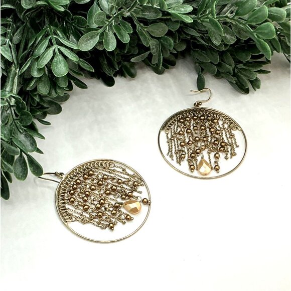 Gold Boho Dangle Hoop Earrings With Chain and Bead Fringe - Picture 3 of 5